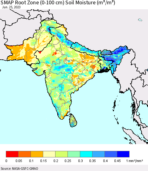 Southern Asia SMAP Root Zone (0-100 cm) Soil Moisture (m³/m³) Thematic Map For 6/21/2023 - 6/25/2023