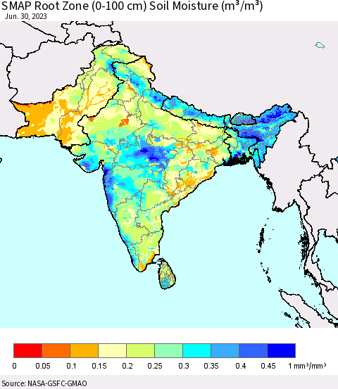 Southern Asia SMAP Root Zone (0-100 cm) Soil Moisture (m³/m³) Thematic Map For 6/26/2023 - 6/30/2023