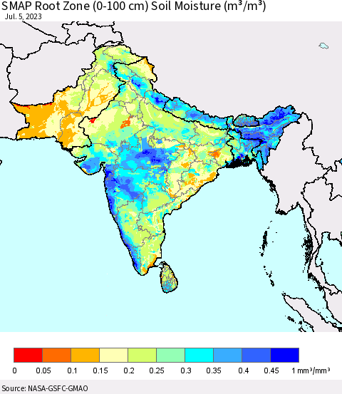 Southern Asia SMAP Root Zone (0-100 cm) Soil Moisture (m³/m³) Thematic Map For 7/1/2023 - 7/5/2023