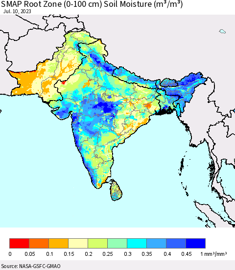 Southern Asia SMAP Root Zone (0-100 cm) Soil Moisture (m³/m³) Thematic Map For 7/6/2023 - 7/10/2023