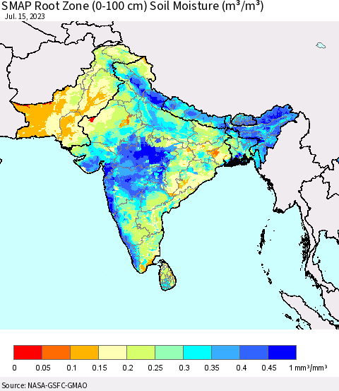 Southern Asia SMAP Root Zone (0-100 cm) Soil Moisture (m³/m³) Thematic Map For 7/11/2023 - 7/15/2023