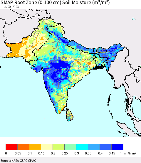 Southern Asia SMAP Root Zone (0-100 cm) Soil Moisture (m³/m³) Thematic Map For 7/16/2023 - 7/20/2023