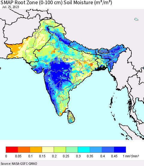 Southern Asia SMAP Root Zone (0-100 cm) Soil Moisture (m³/m³) Thematic Map For 7/21/2023 - 7/25/2023