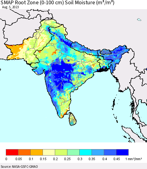 Southern Asia SMAP Root Zone (0-100 cm) Soil Moisture (m³/m³) Thematic Map For 8/1/2023 - 8/5/2023