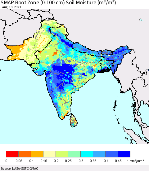 Southern Asia SMAP Root Zone (0-100 cm) Soil Moisture (m³/m³) Thematic Map For 8/6/2023 - 8/10/2023