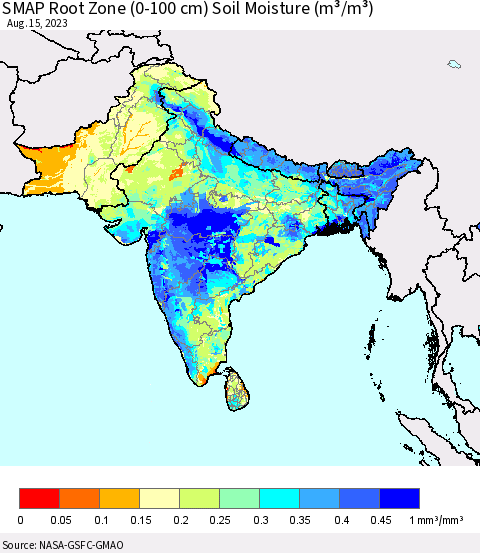 Southern Asia SMAP Root Zone (0-100 cm) Soil Moisture (m³/m³) Thematic Map For 8/11/2023 - 8/15/2023