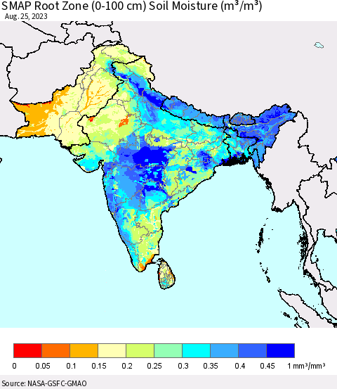 Southern Asia SMAP Root Zone (0-100 cm) Soil Moisture (m³/m³) Thematic Map For 8/21/2023 - 8/25/2023
