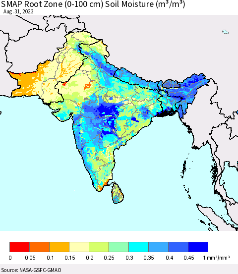 Southern Asia SMAP Root Zone (0-100 cm) Soil Moisture (m³/m³) Thematic Map For 8/26/2023 - 8/31/2023