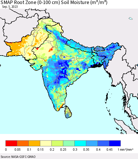 Southern Asia SMAP Root Zone (0-100 cm) Soil Moisture (m³/m³) Thematic Map For 9/1/2023 - 9/5/2023