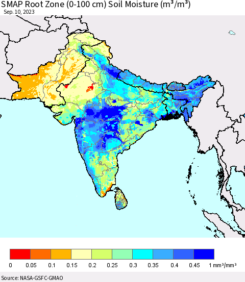 Southern Asia SMAP Root Zone (0-100 cm) Soil Moisture (m³/m³) Thematic Map For 9/6/2023 - 9/10/2023