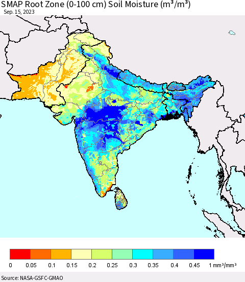 Southern Asia SMAP Root Zone (0-100 cm) Soil Moisture (m³/m³) Thematic Map For 9/11/2023 - 9/15/2023
