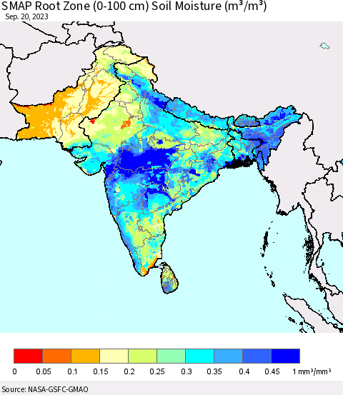 Southern Asia SMAP Root Zone (0-100 cm) Soil Moisture (m³/m³) Thematic Map For 9/16/2023 - 9/20/2023