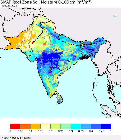 Southern Asia SMAP Root Zone (0-100 cm) Soil Moisture (m³/m³) Thematic Map For 9/21/2023 - 9/25/2023