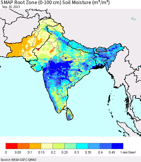 Southern Asia SMAP Root Zone (0-100 cm) Soil Moisture (m³/m³) Thematic Map For 9/26/2023 - 9/30/2023