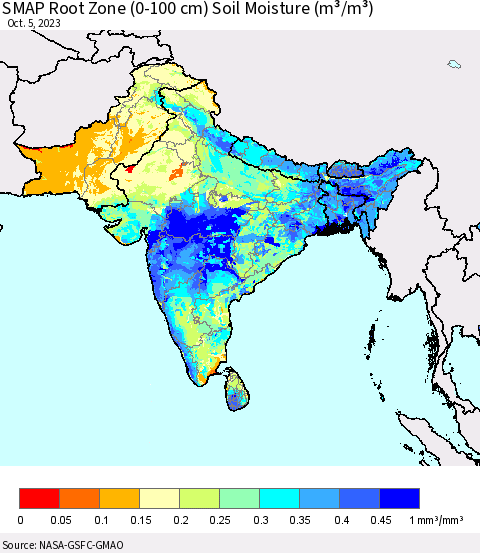 Southern Asia SMAP Root Zone (0-100 cm) Soil Moisture (m³/m³) Thematic Map For 10/1/2023 - 10/5/2023