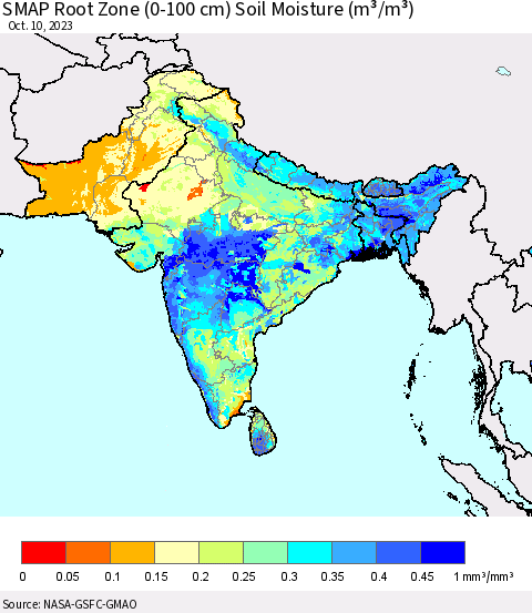 Southern Asia SMAP Root Zone (0-100 cm) Soil Moisture (m³/m³) Thematic Map For 10/6/2023 - 10/10/2023