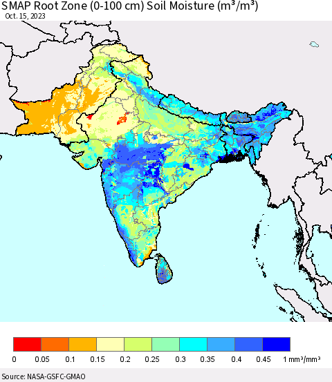 Southern Asia SMAP Root Zone (0-100 cm) Soil Moisture (m³/m³) Thematic Map For 10/11/2023 - 10/15/2023