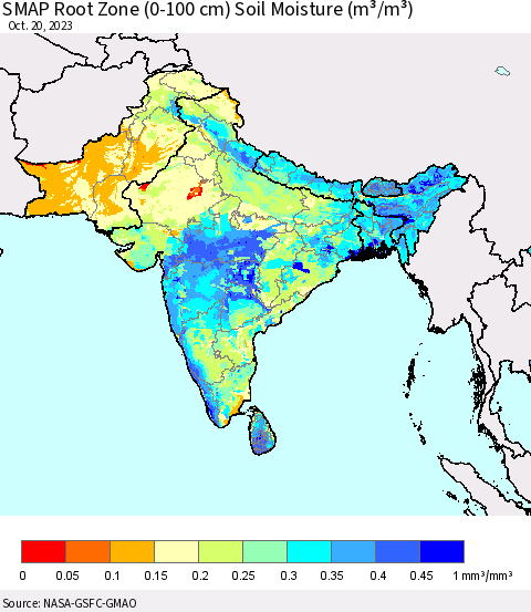 Southern Asia SMAP Root Zone (0-100 cm) Soil Moisture (m³/m³) Thematic Map For 10/16/2023 - 10/20/2023
