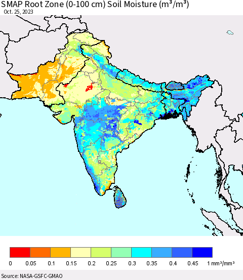 Southern Asia SMAP Root Zone (0-100 cm) Soil Moisture (m³/m³) Thematic Map For 10/21/2023 - 10/25/2023