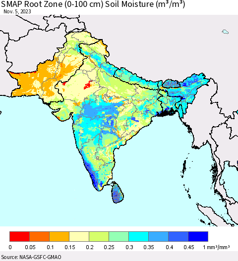 Southern Asia SMAP Root Zone (0-100 cm) Soil Moisture (m³/m³) Thematic Map For 11/1/2023 - 11/5/2023