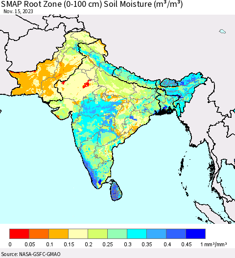 Southern Asia SMAP Root Zone (0-100 cm) Soil Moisture (m³/m³) Thematic Map For 11/11/2023 - 11/15/2023