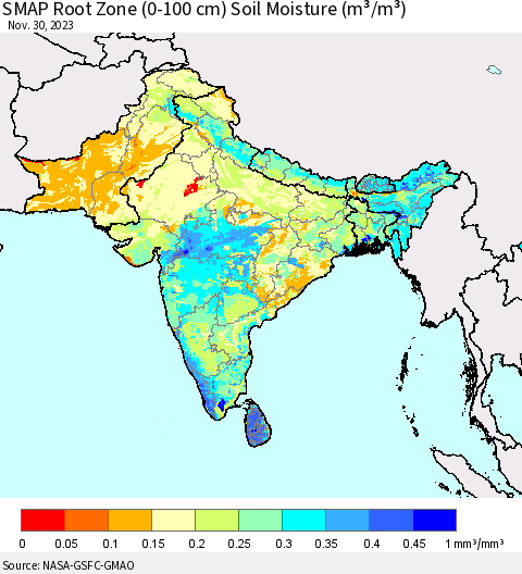 Southern Asia SMAP Root Zone (0-100 cm) Soil Moisture (m³/m³) Thematic Map For 11/26/2023 - 11/30/2023