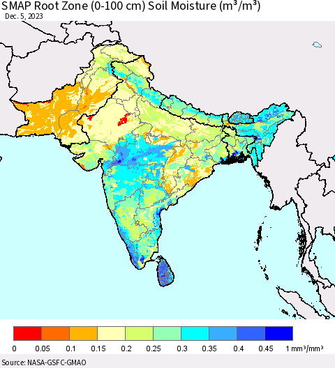 Southern Asia SMAP Root Zone (0-100 cm) Soil Moisture (m³/m³) Thematic Map For 12/1/2023 - 12/5/2023