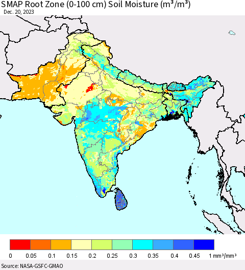 Southern Asia SMAP Root Zone (0-100 cm) Soil Moisture (m³/m³) Thematic Map For 12/16/2023 - 12/20/2023
