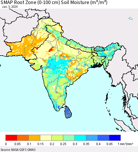 Southern Asia SMAP Root Zone (0-100 cm) Soil Moisture (m³/m³) Thematic Map For 1/1/2024 - 1/5/2024