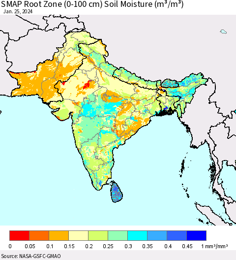Southern Asia SMAP Root Zone (0-100 cm) Soil Moisture (m³/m³) Thematic Map For 1/21/2024 - 1/25/2024