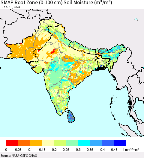 Southern Asia SMAP Root Zone (0-100 cm) Soil Moisture (m³/m³) Thematic Map For 1/26/2024 - 1/31/2024