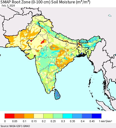 Southern Asia SMAP Root Zone (0-100 cm) Soil Moisture (m³/m³) Thematic Map For 2/1/2024 - 2/5/2024