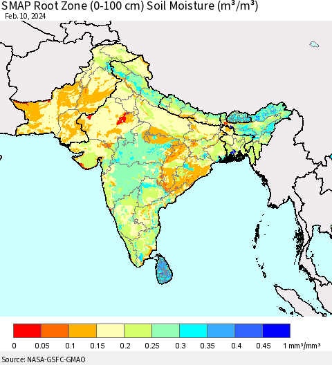 Southern Asia SMAP Root Zone (0-100 cm) Soil Moisture (m³/m³) Thematic Map For 2/6/2024 - 2/10/2024