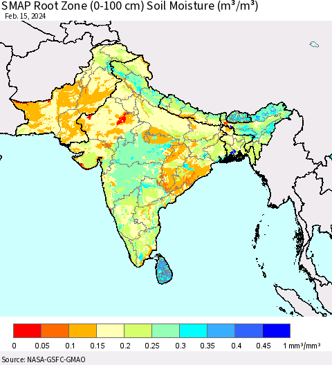Southern Asia SMAP Root Zone (0-100 cm) Soil Moisture (m³/m³) Thematic Map For 2/11/2024 - 2/15/2024