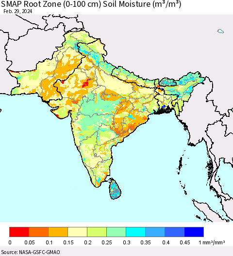 Southern Asia SMAP Root Zone (0-100 cm) Soil Moisture (m³/m³) Thematic Map For 2/26/2024 - 2/29/2024