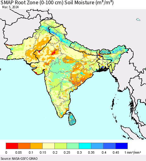 Southern Asia SMAP Root Zone (0-100 cm) Soil Moisture (m³/m³) Thematic Map For 3/1/2024 - 3/5/2024
