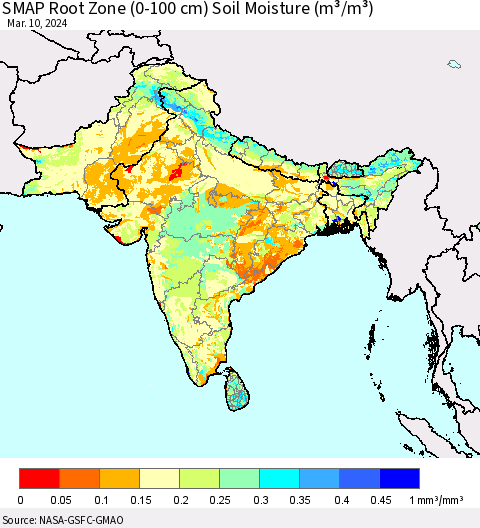 Southern Asia SMAP Root Zone (0-100 cm) Soil Moisture (m³/m³) Thematic Map For 3/6/2024 - 3/10/2024