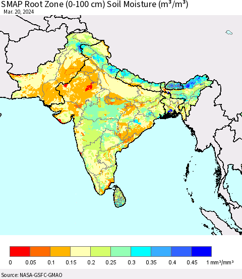 Southern Asia SMAP Root Zone (0-100 cm) Soil Moisture (m³/m³) Thematic Map For 3/16/2024 - 3/20/2024