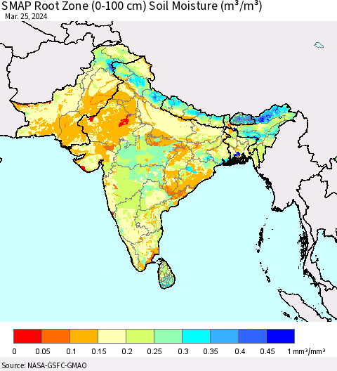 Southern Asia SMAP Root Zone (0-100 cm) Soil Moisture (m³/m³) Thematic Map For 3/21/2024 - 3/25/2024