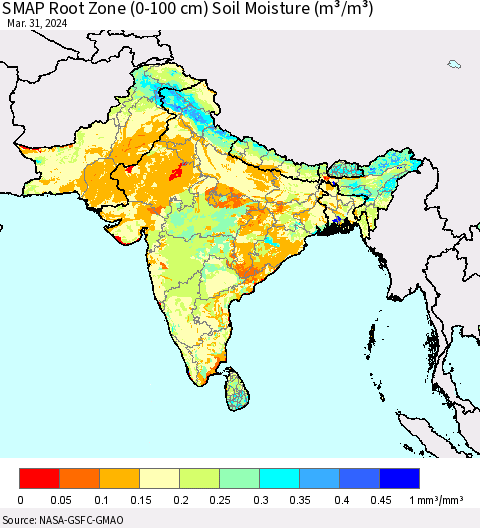 Southern Asia SMAP Root Zone (0-100 cm) Soil Moisture (m³/m³) Thematic Map For 3/26/2024 - 3/31/2024