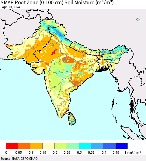 Southern Asia SMAP Root Zone (0-100 cm) Soil Moisture (m³/m³) Thematic Map For 4/6/2024 - 4/10/2024