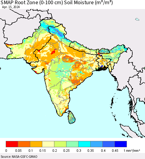 Southern Asia SMAP Root Zone (0-100 cm) Soil Moisture (m³/m³) Thematic Map For 4/11/2024 - 4/15/2024