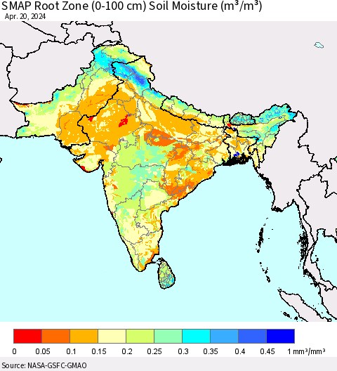 Southern Asia SMAP Root Zone (0-100 cm) Soil Moisture (m³/m³) Thematic Map For 4/16/2024 - 4/20/2024