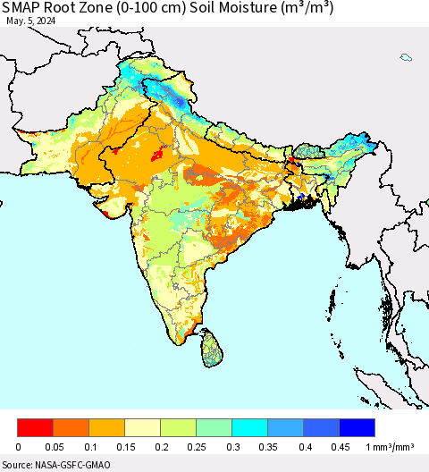 Southern Asia SMAP Root Zone (0-100 cm) Soil Moisture (m³/m³) Thematic Map For 5/1/2024 - 5/5/2024