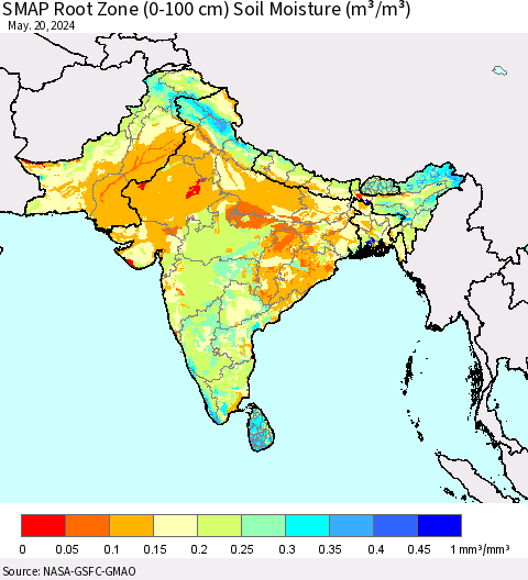 Southern Asia SMAP Root Zone (0-100 cm) Soil Moisture (m³/m³) Thematic Map For 5/16/2024 - 5/20/2024