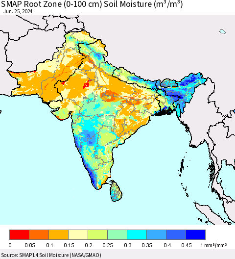 Southern Asia SMAP Root Zone (0-100 cm) Soil Moisture (m³/m³) Thematic Map For 6/21/2024 - 6/25/2024