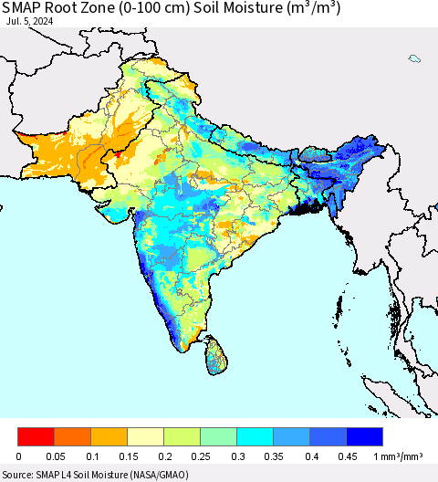 Southern Asia SMAP Root Zone (0-100 cm) Soil Moisture (m³/m³) Thematic Map For 7/1/2024 - 7/5/2024