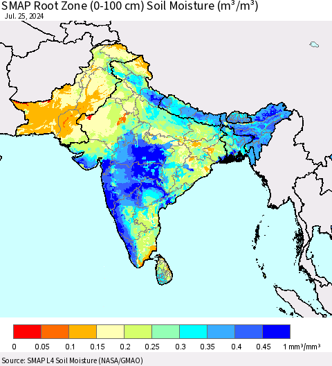 Southern Asia SMAP Root Zone (0-100 cm) Soil Moisture (m³/m³) Thematic Map For 7/21/2024 - 7/25/2024