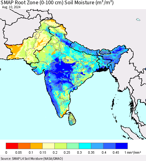 Southern Asia SMAP Root Zone (0-100 cm) Soil Moisture (m³/m³) Thematic Map For 8/6/2024 - 8/10/2024