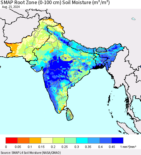 Southern Asia SMAP Root Zone (0-100 cm) Soil Moisture (m³/m³) Thematic Map For 8/21/2024 - 8/25/2024